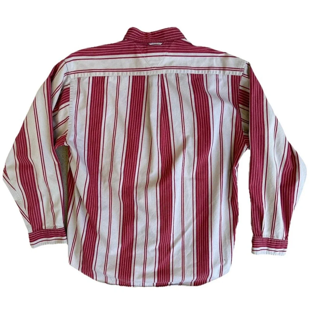 VTG Tommy Hilfiger Button Down Shirt Men's Lg Maroon Red‎ Tan Stripes Crest 90s